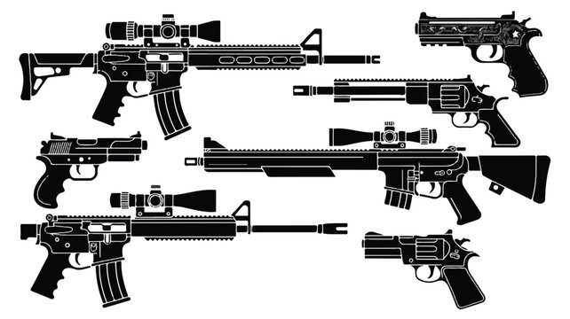 An illustration of seven different firearms displayed in a two-row arrangement