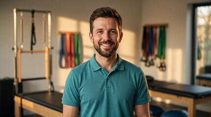 Fototapeta premium Smiling Fitness Trainer in Rehabilitation Gym Setting