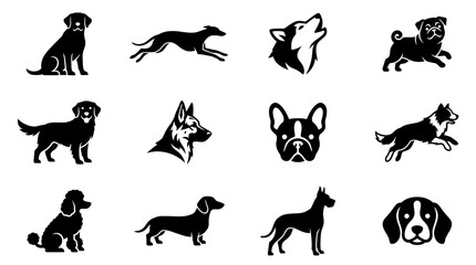 Various dog breed silhouettes and stylized canine heads. © Habl