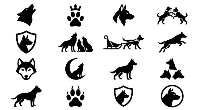 Wolf and husky silhouette icon collection.