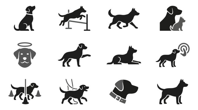 Various dog behavior postures and training command silhouettes.