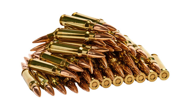 Pile of golden brass rifle cartridges, isolated on transparent background