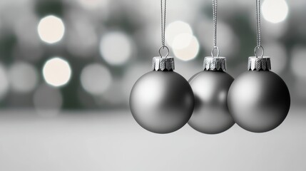 Fototapeta premium Three silver Christmas ornaments hang gracefully against a backdrop of blurred white lights, evoking a festive and elegant holiday atmosphere.