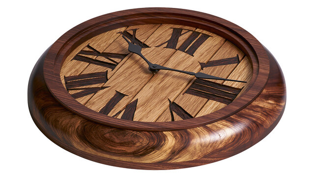Round wooden clock with Roman numerals and dark wood frame, isolated on transparent background