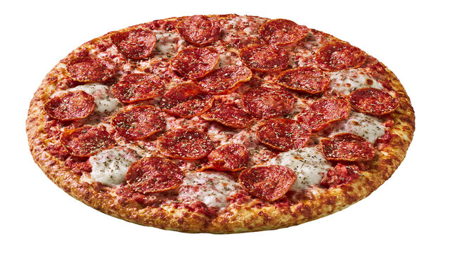 Round pepperoni pizza with melted mozzarella cheese, isolated on transparent background