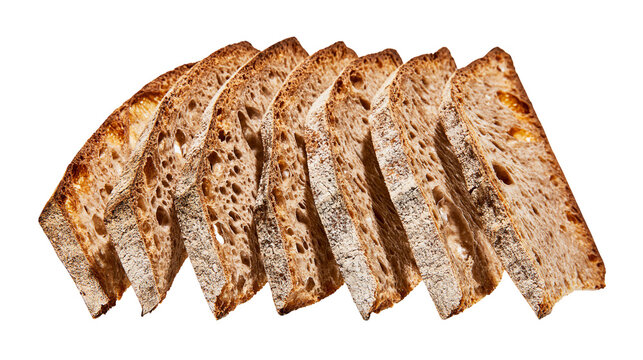 Rustic sourdough bread slices with airy crumb texture, isolated on transparent background