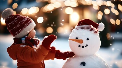 Fototapeta premium A child in winter clothes happily engages with a snowman in a Santa hat, illuminated by glowing holiday lights and falling snowflakes.