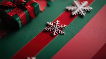 Fototapeta premium A small green gift box with a sparkly red ribbon sits on a striped red and green surface decorated with glittery silver snowflakes.