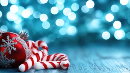 Fototapeta premium A red Christmas ornament with silver snowflakes and red and white candy canes are set against a blue background with soft, glowing bokeh lights.