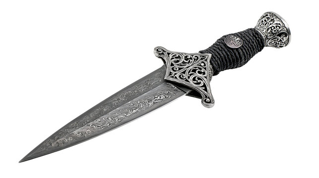 Ornate antique dagger with engraved Damascus steel blade, isolated on transparent background