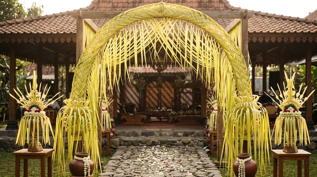Traditional Indonesian Wedding Entrance with Yellow Coconut Leaf Arch