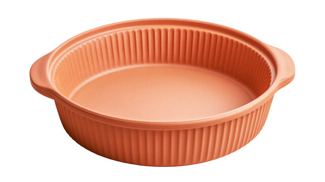 Terracotta round baking dish with fluted sides and handles, isolated on transparent background