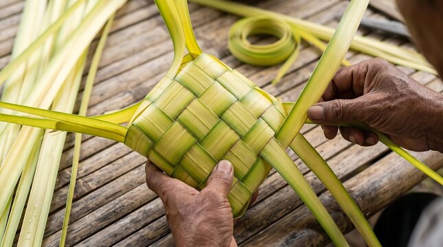 Elderly hands weaving a traditional ketupat pouch from palm leaves