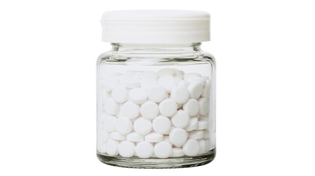 Clear glass medicine bottle filled with white round pills, isolated on transparent background
