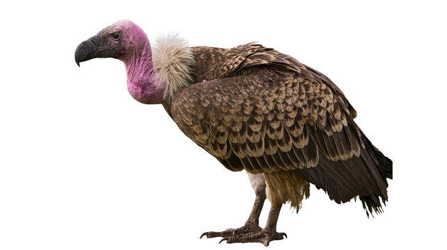 Pink-headed vulture with brown feathers, standing alert isolated on transparent background