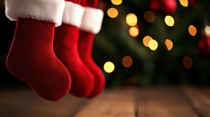 Fototapeta premium Three red Christmas stockings with white fur trim hang against a softly blurred backdrop of warm holiday lights.