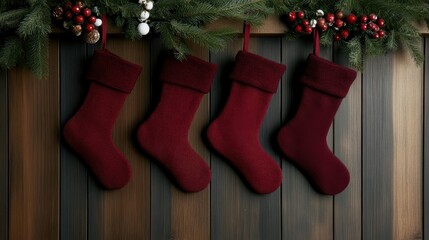 Fototapeta premium Four red Christmas stockings dangle from a pine garland adorned with red berries and white ornaments against a wood-paneled backdrop.