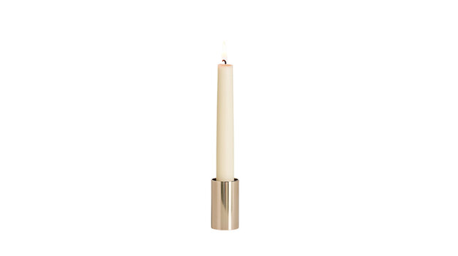 Cream colored taper candle with burning flame in a silver holder, isolated on transparent background