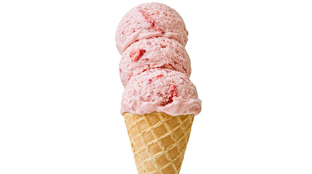 Three scoops of pink strawberry ice cream in a waffle cone, isolated on transparent background