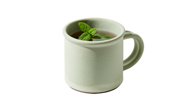 Pale green ceramic mug with fresh mint leaves floating in tea, isolated on transparent background