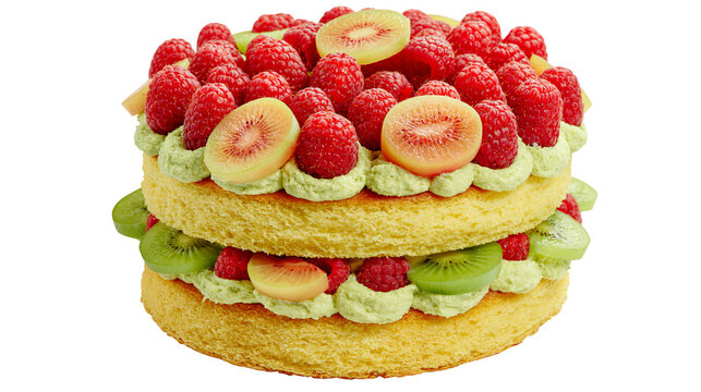 Two-tiered sponge cake with green cream raspberries kiwi slices, isolated on transparent background