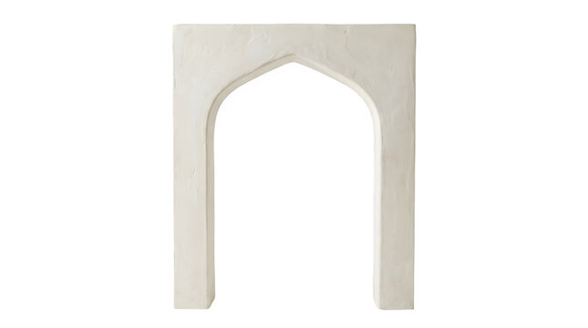 Minimalist white stone archway, traditional oriental pointed arch architectural element, clean plaster wall niche isolated on white background