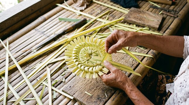 Elderly Artisan Hands Weaving Traditional Palm Leaf Offering Ornament