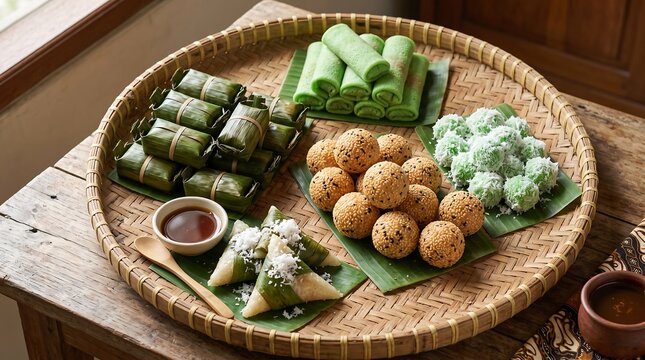 Assorted Indonesian Jajanan Pasar Traditional Snacks on Bamboo Tray