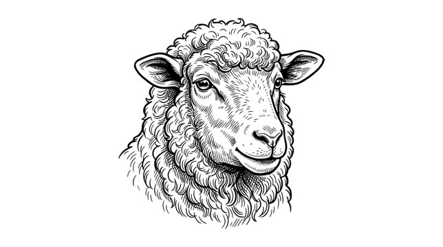 Detailed Sketch Portrait of a Sheep Head, Hand-Drawn Black and White Illustration