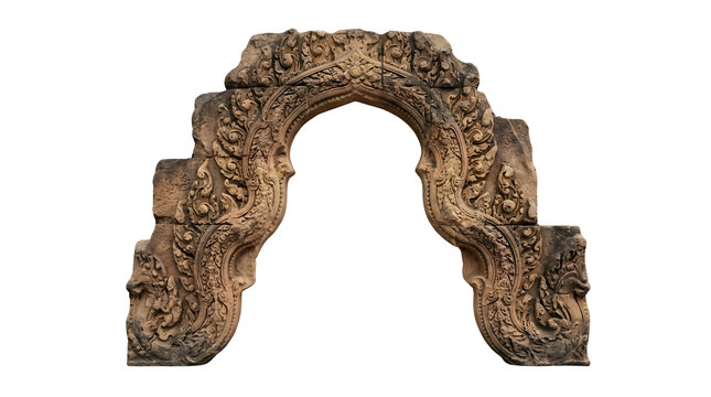 Ancient stone arch with ornate carvings, decorative sandstone lintel from a historic temple, weathered rock sculpture isolated on white background