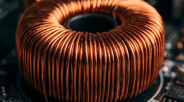 Copper inductor coil on circuit board, macro electronic component with metallic wire winding, industrial hardware for power supply and engineering