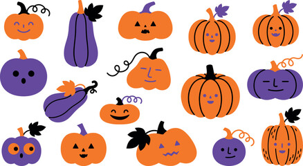 Fototapeta premium Festive halloween day pumpkins and eggplants collection hand drawn style