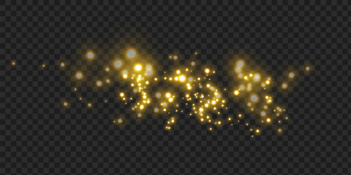 Glowing Golden Light Trail with Bokeh Circles and Shimmering Glitter Dust, Premium Overlay Effect, Transparent