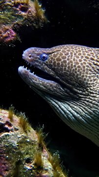 Spotted moray eel with open mouth underwater