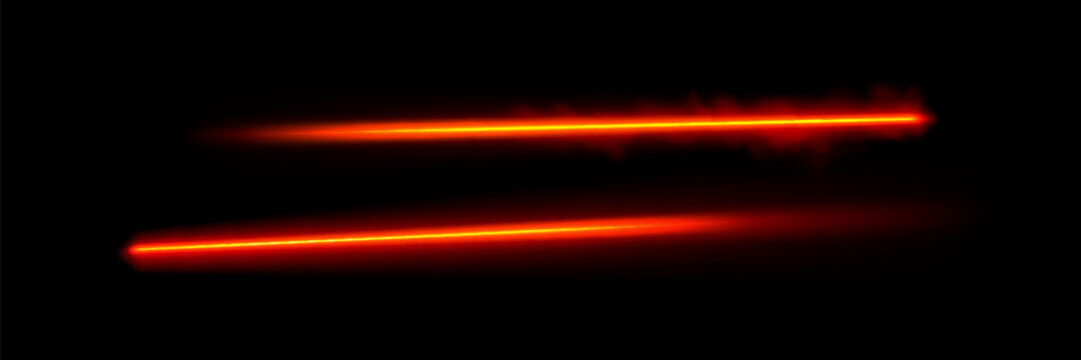 Laser beam light ray isolated png transparent background with red neon glow and sparkle, bright flare effect