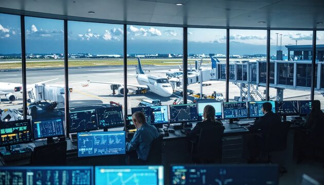 Air traffic control center overlooking busy airport runway.