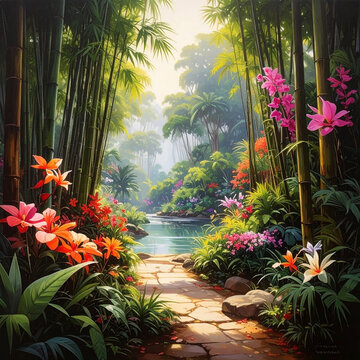 Lush tropical pathway scene