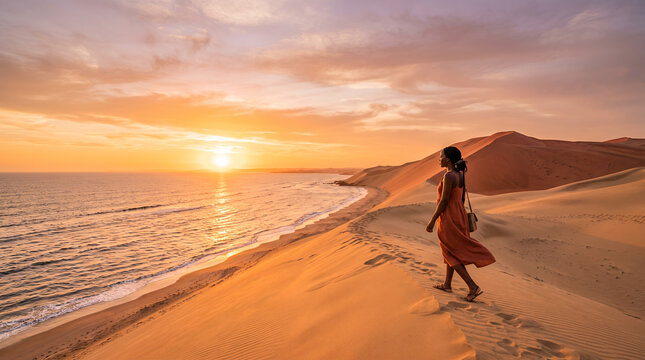 Woman in orange dress walking on sand dune at ocean sunset