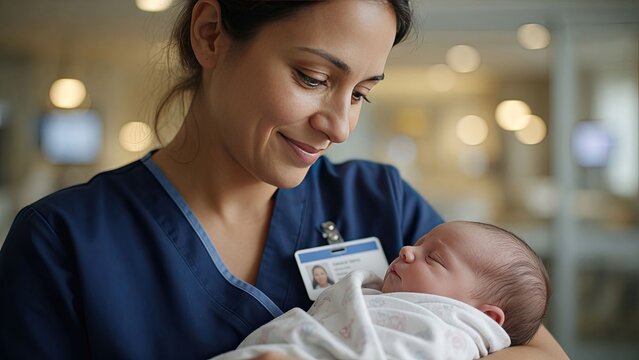 Nurse holding newborn baby in hospital setting showcasing care and compassion in maternity ward