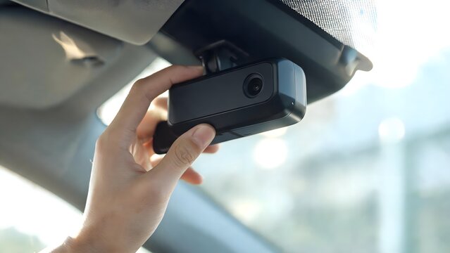 Hand holding black dash cam in car