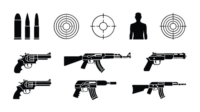 A collection of various guns and targets with bullets and a silhouette displayed