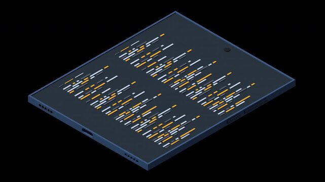 3D isometric tablet animation. Program code on tablet screen. Isometric technology. Transparent background with alpha channel