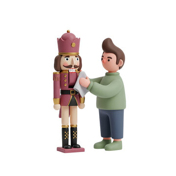 Man polishing a nutcracker toy with a cloth on white background