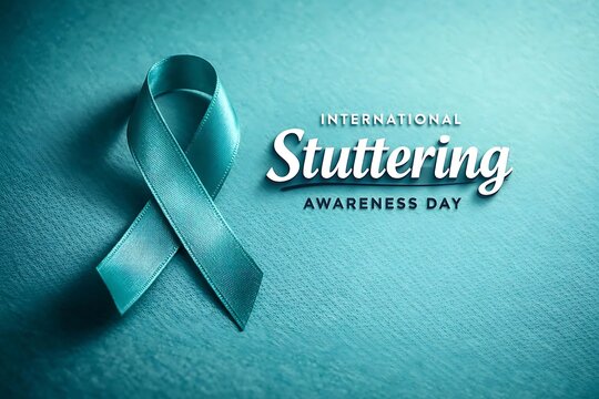 International stuttering awareness day concept with a teal awareness ribbon on a textured teal background, for medical health awareness
