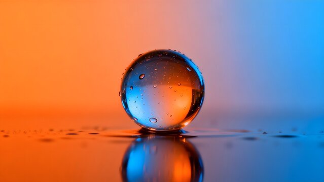 Glass sphere with water droplets on reflective surface