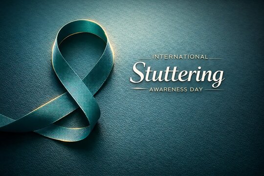 International stuttering awareness day concept with a teal awareness ribbon on a dark textured background, with white typography text