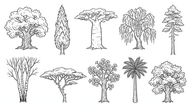 Set of Hand Drawn World Tree Species Vector Illustration