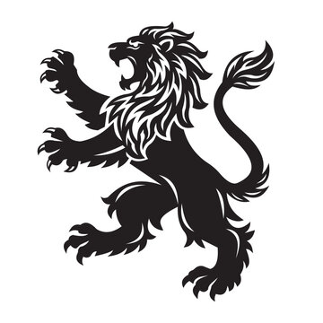 Heraldic lion rampant black vector silhouette isolated on white background.