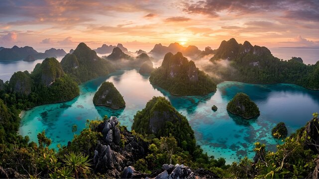 a breathtaking sunrise landscape captured from the summit of Wayag, Raja Ampat , Southwest Papua, Indonesia. jagged limestone peaks