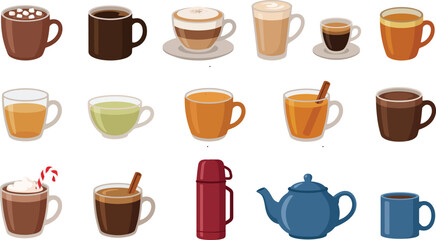 Obraz premium A collection of vector graphic icons showing various hot beverages including coffee tea cocoa and herbal drinks in mugs